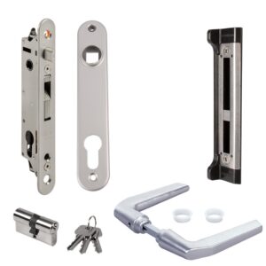 Zestaw Fortyset do furtki, zamek, klamka aluminiowa, szyld z wkładką i zaczepem